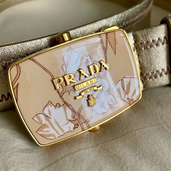 Vintage Prada Gold Metallic Belt with Floral Buckle Design - Picture 3 of 13